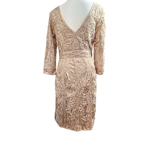 Sue Wong New Lace V Neck Three Quarter Sleeve Lined Beige Cocktail Sheath Dress - Picture 11 of 15